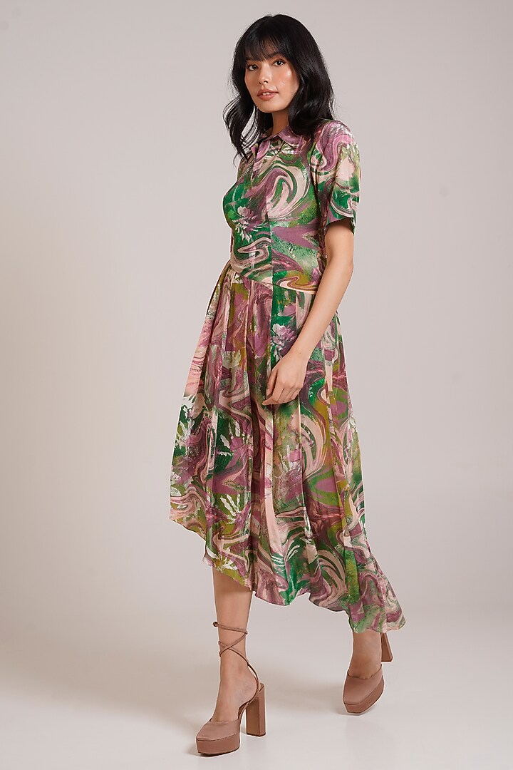 Multi-Colored Crepe Printed Midi Summer Dress by Advait at Pernia's Pop Up Shop