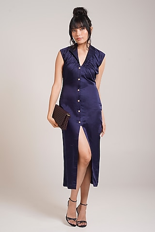 Deep Navy Cotton Satin Midi Dress by Advait