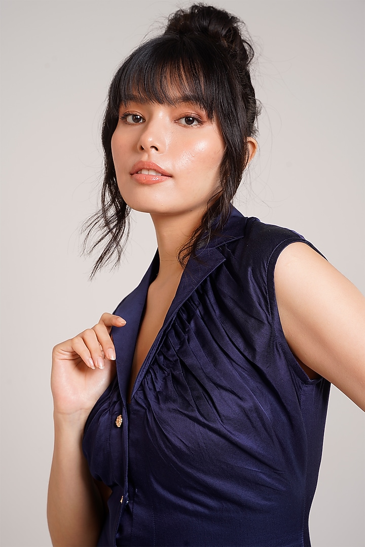 Deep Navy Cotton Satin Midi Summer Dress by Advait at Pernia's Pop Up Shop