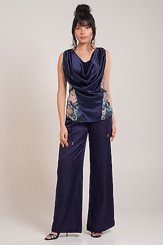Black Cotton Satin Wide-Leg Pant Set by Advait