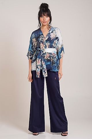 Navy Cotton Satin Wide-Leg Pant Set by Advait