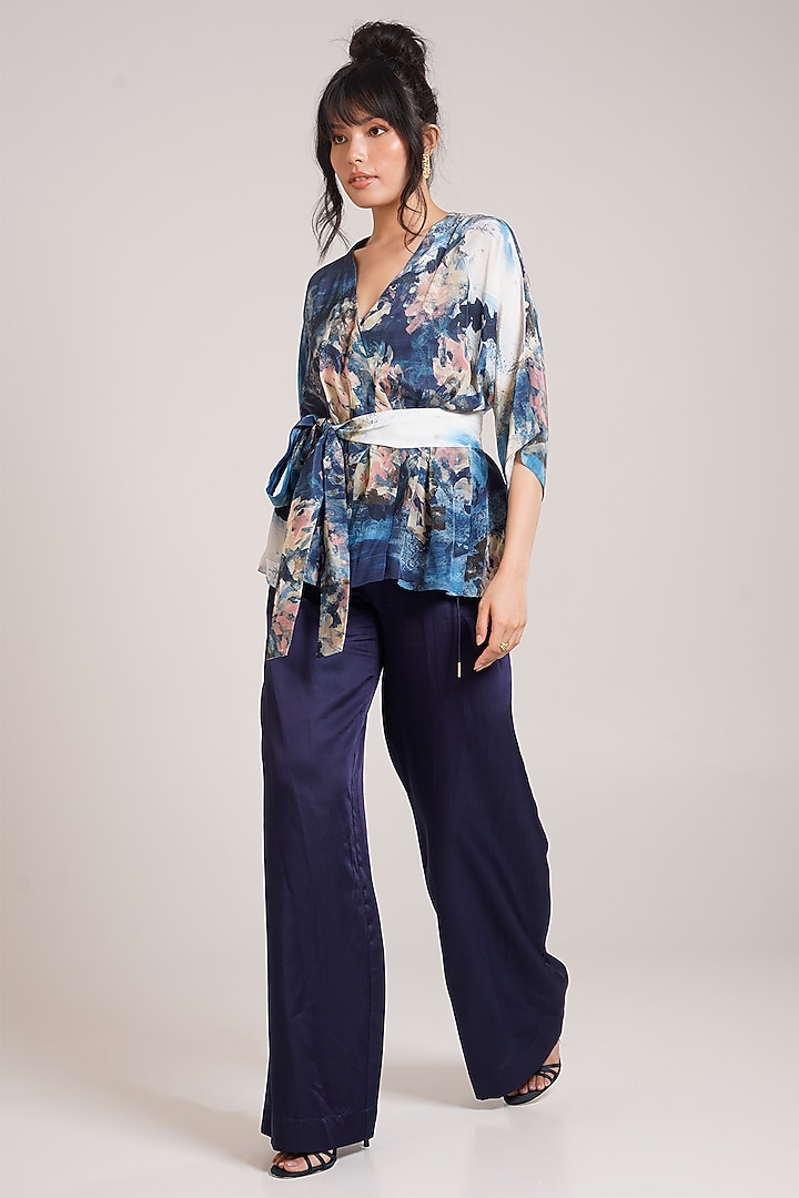 Navy Cotton Satin Wide-Leg Pant Set by Advait at Pernia's Pop Up Shop