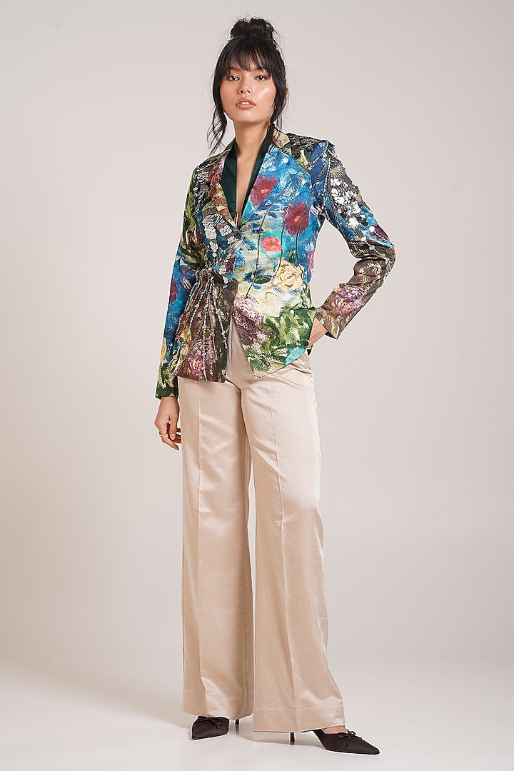 Beige Georgette Satin Wide-Leg Pant Set by Advait at Pernia's Pop Up Shop