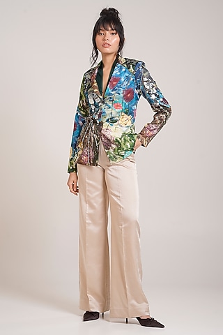 Beige Georgette Satin Wide-Leg Pant Set by Advait