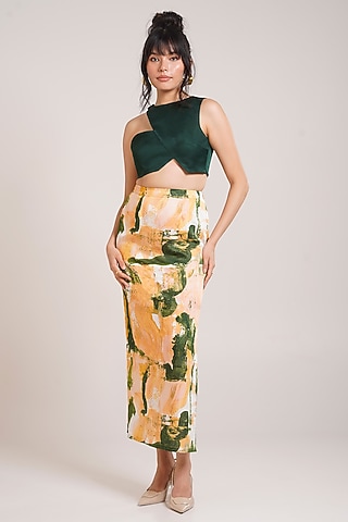 Multi-Colored Cotton Satin Printed Skirt Set by Advait
