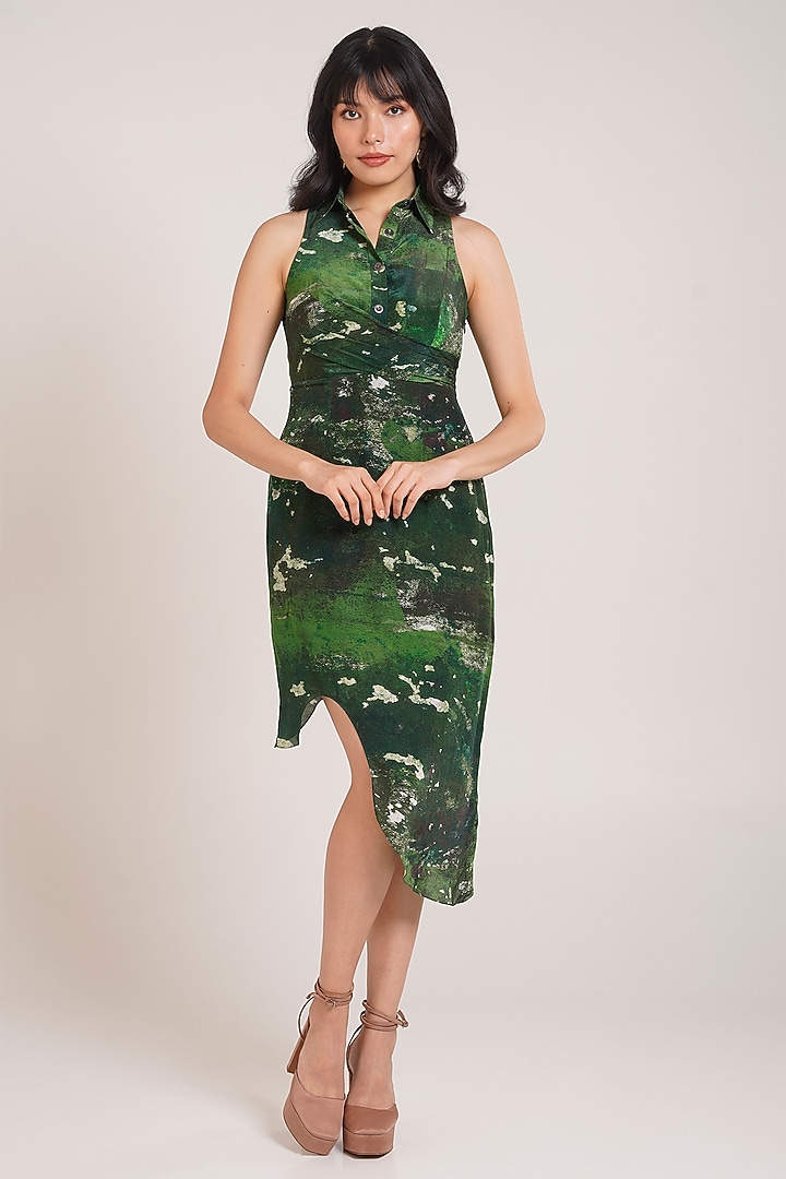 Green Ecovero Twill Printed Sleeveless Midi Summer Dress by Advait at Pernia's Pop Up Shop