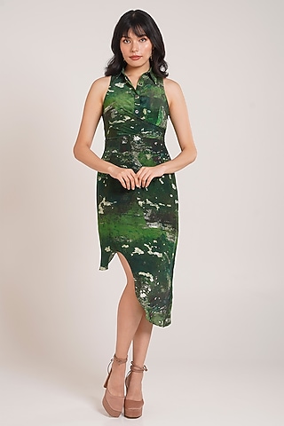 Green Ecovero Twill Printed Sleeveless Midi Dress by Advait