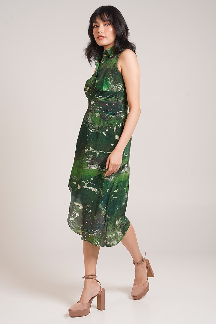 Green Ecovero Twill Printed Sleeveless Midi Summer Dress by Advait at Pernia's Pop Up Shop