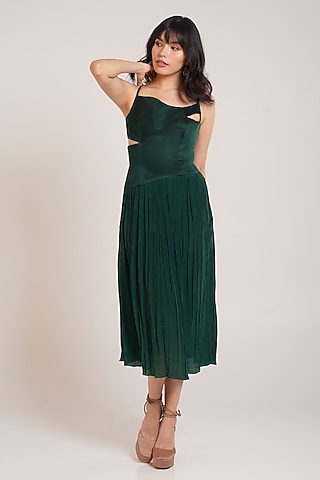 Green Rayon Twill Asymmetric Midi Dress by Advait
