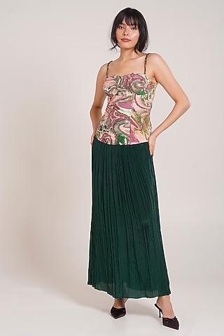 Forest Green Rayon Twill Pleated Maxi Skirt Set by Advait