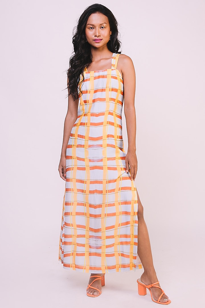 Baby Blue & Orange  Digital Printed Midi Slip Dress by Advait