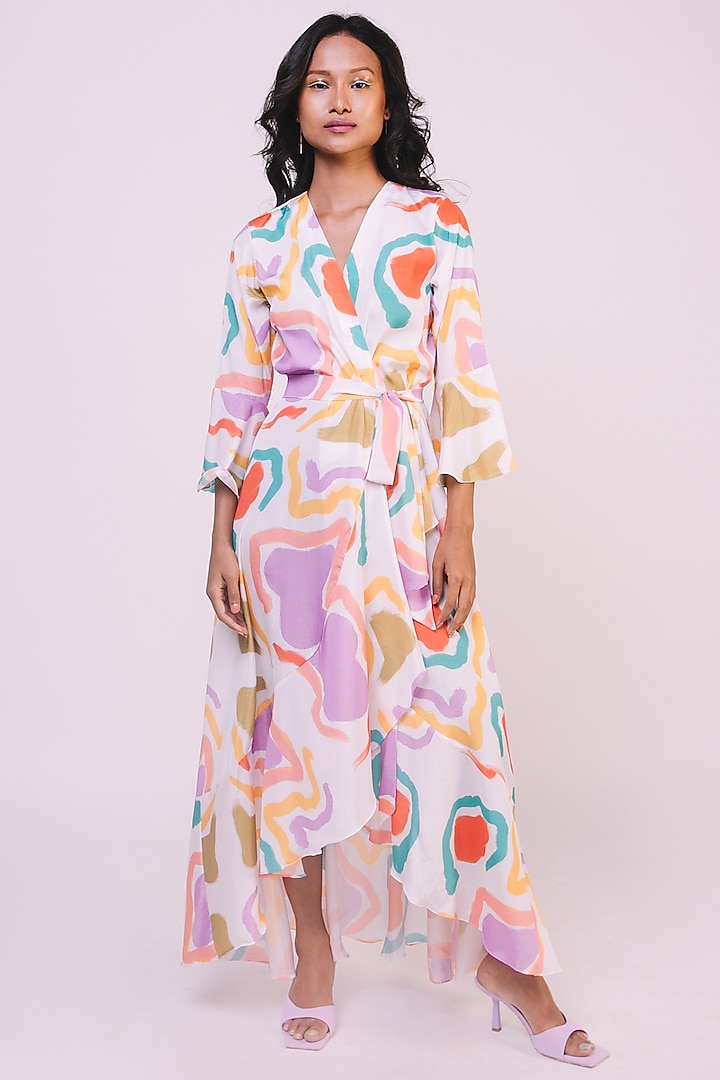 White Digital Printed Wrap Dress by Advait at Pernia's Pop Up Shop