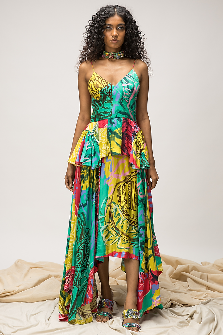 Multi-Colored Slub Satin Peplum Dress Design by Advait at Pernia's Pop Up  Shop 2024