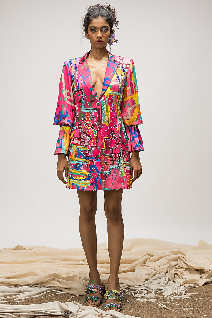Multi-Colored Slub Satin Blazer Dress by Advait