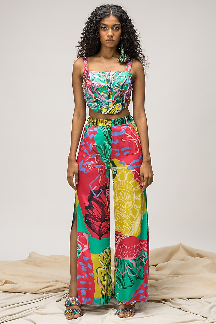 Multi-Colored Slub Satin Embellished Co-Ord Set by Advait