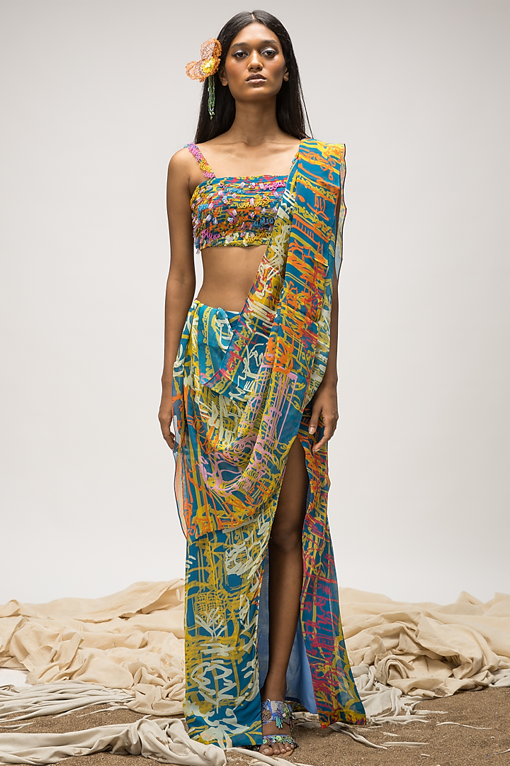 Multi-Colored Georgette Ruched Lehenga Saree Set by Advait