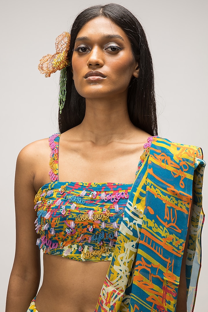 Multi-Colored Georgette Ruched Party Wear Lehenga Saree Set by Advait at Pernia's Pop Up Shop