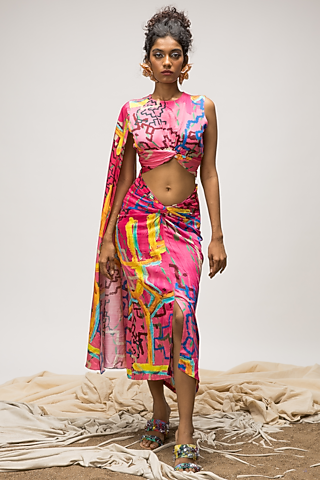 Multi-Colored Slub Satin Knotted Asymmetric Skirt Set by Advait