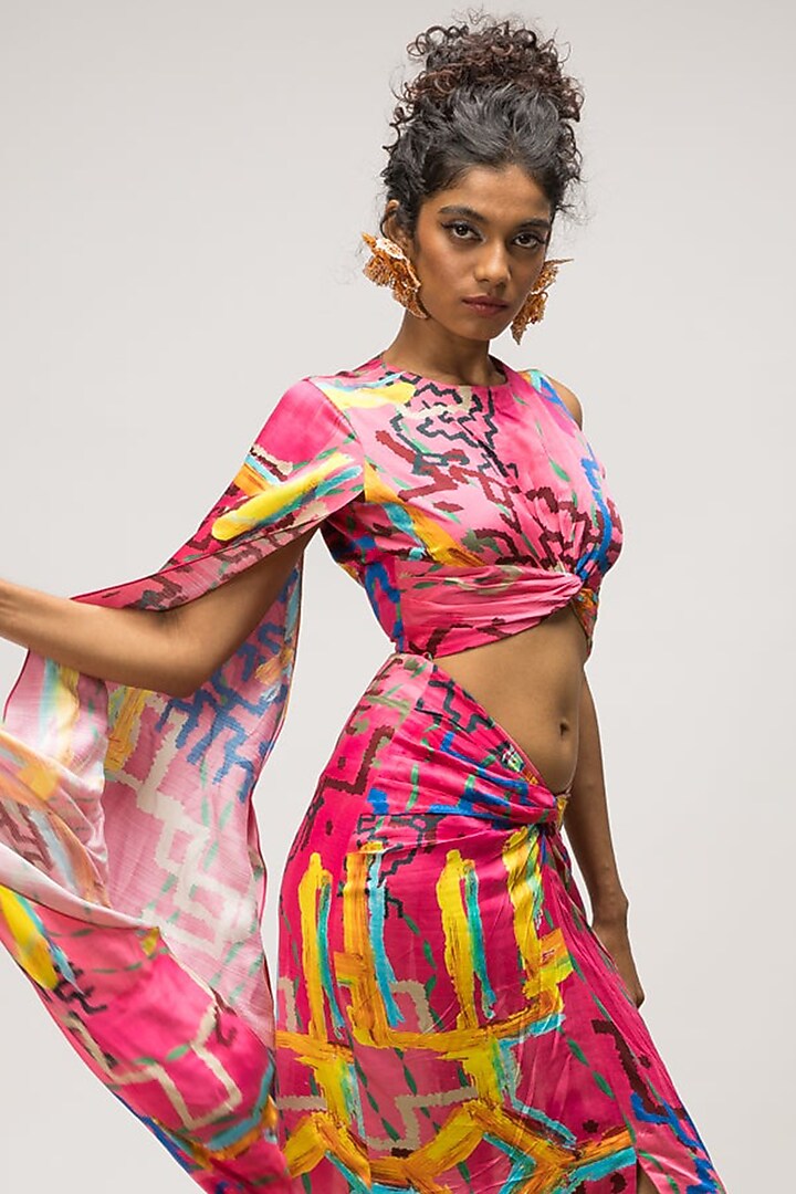 Multi-Colored Slub Satin Knotted Asymmetric Skirt Set by Advait at Pernia's Pop Up Shop