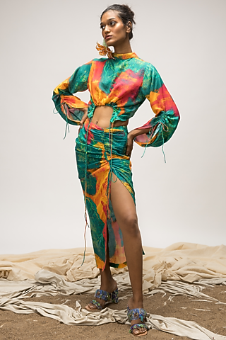 Multi-Colored Bemberg Pashmina Twill Ruched Skirt Set by Advait