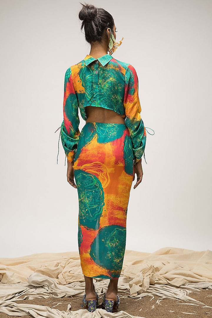 Multi-Colored Bemberg Pashmina Twill Ruched Skirt Set by Advait at Pernia's Pop Up Shop