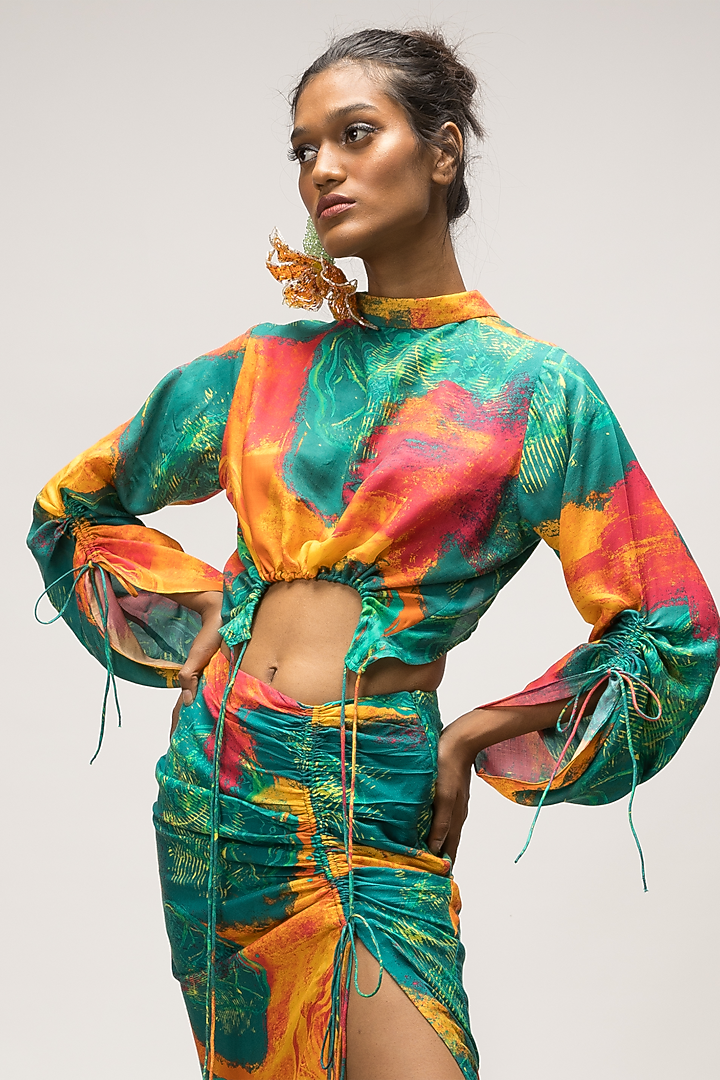 Multi-Colored Bemberg Pashmina Twill Ruched Skirt Set by Advait at Pernia's Pop Up Shop