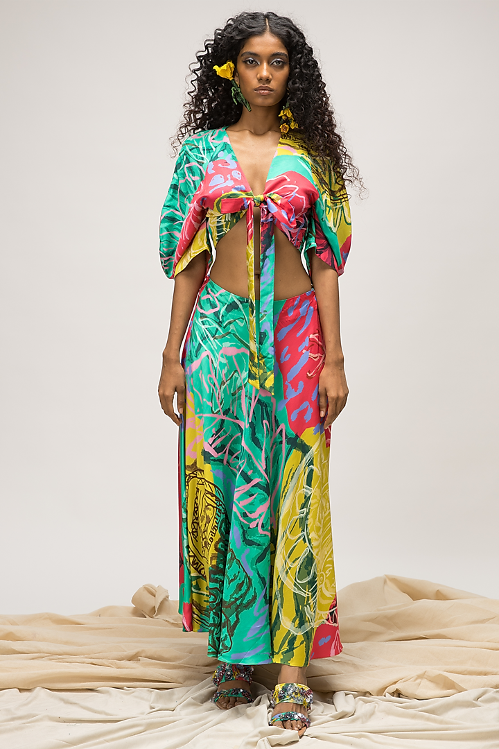 Multi-Colored Slub Satin A-line Maxi Skirt Set by Advait at Pernia's Pop Up Shop