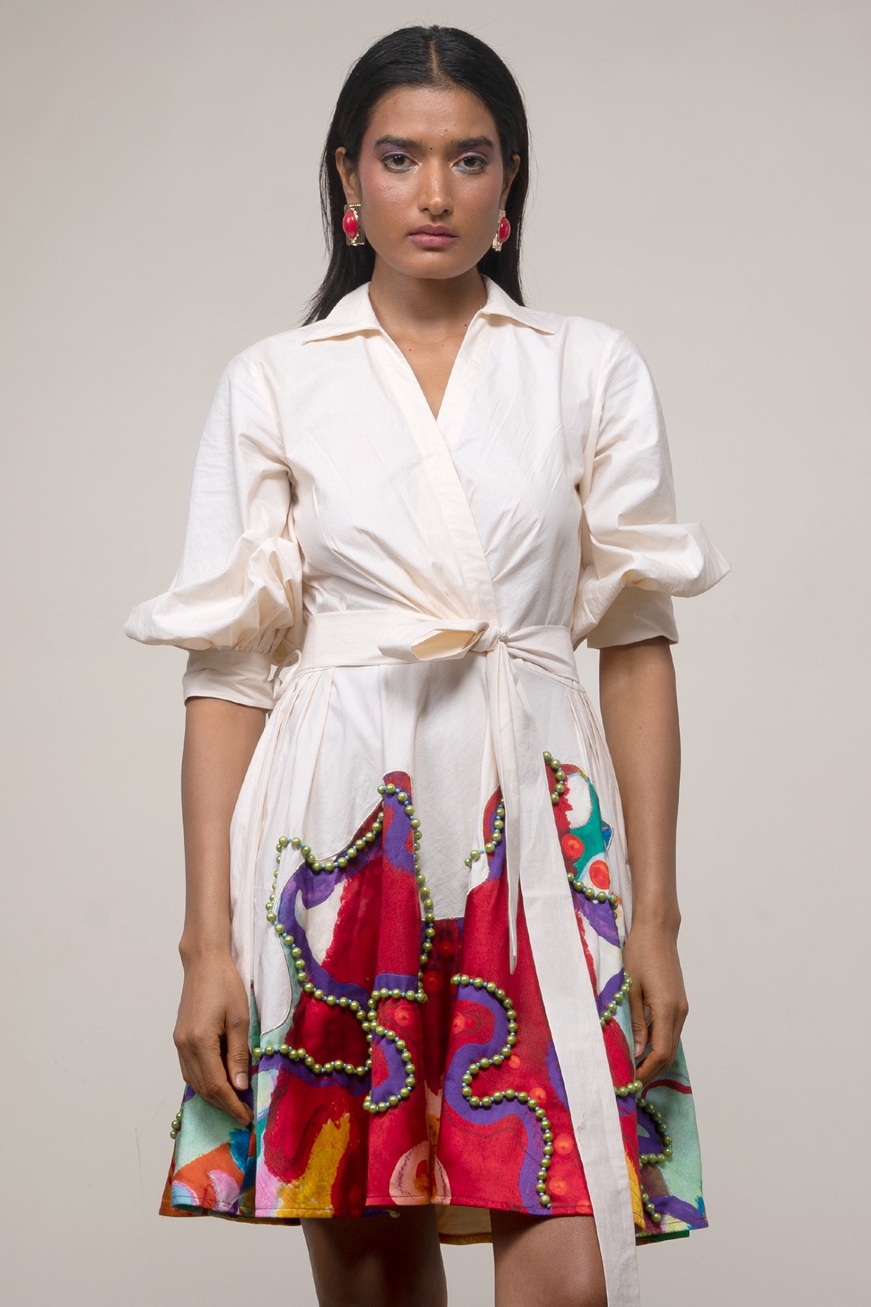 Advait White Poplin Printed Wrap Mini Dress