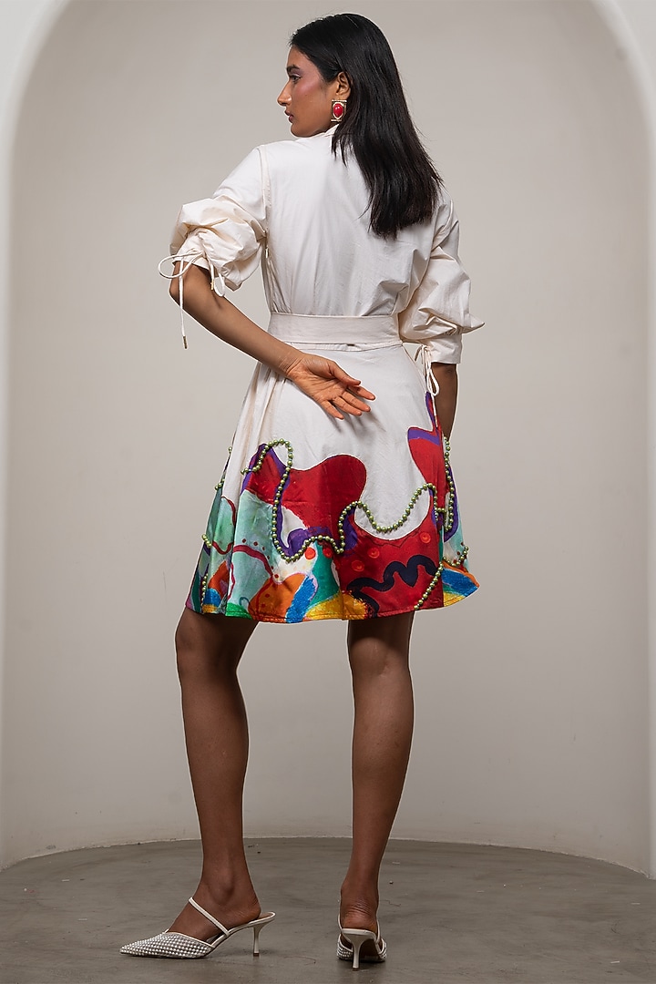 White Poplin Printed Wrap Mini Vacation Dress by Advait at Pernia's Pop Up Shop