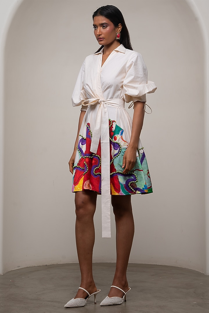 White Poplin Printed Wrap Mini Vacation Dress by Advait at Pernia's Pop Up Shop