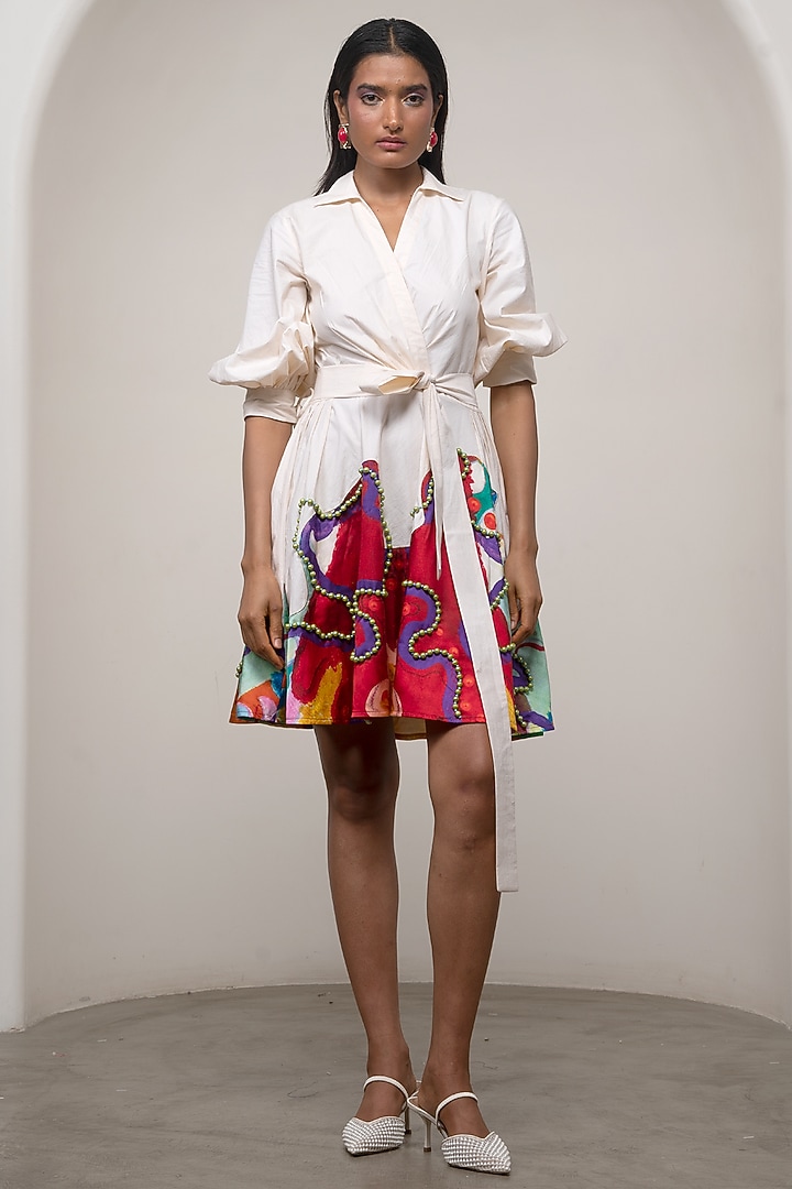 White Poplin Printed Wrap Mini Vacation Dress by Advait at Pernia's Pop Up Shop