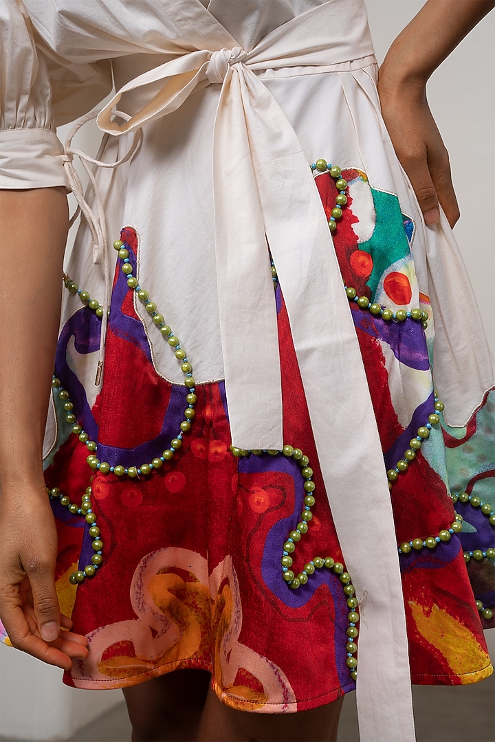 White Poplin Printed Wrap Mini Vacation Dress by Advait at Pernia's Pop Up Shop