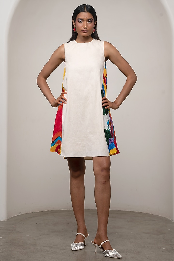 White Cotton Drill & Crepe Printed Mini Summer Dress by Advait at Pernia's Pop Up Shop