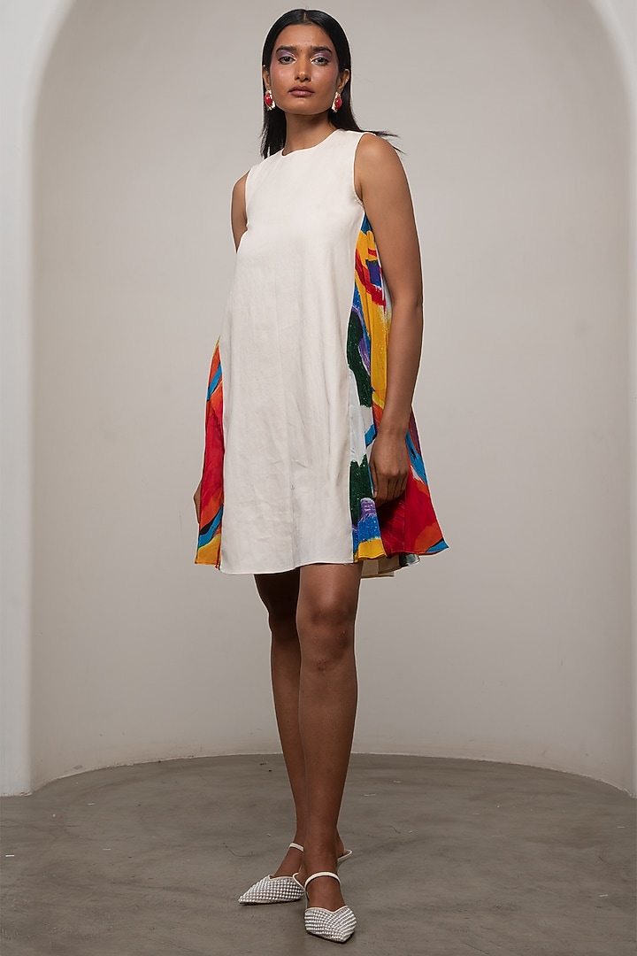 White Cotton Drill & Crepe Printed Mini Summer Dress by Advait at Pernia's Pop Up Shop