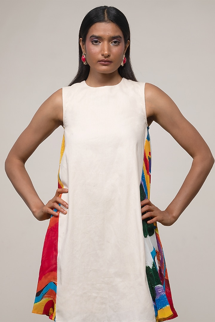 White Cotton Drill & Crepe Printed Mini Summer Dress by Advait at Pernia's Pop Up Shop