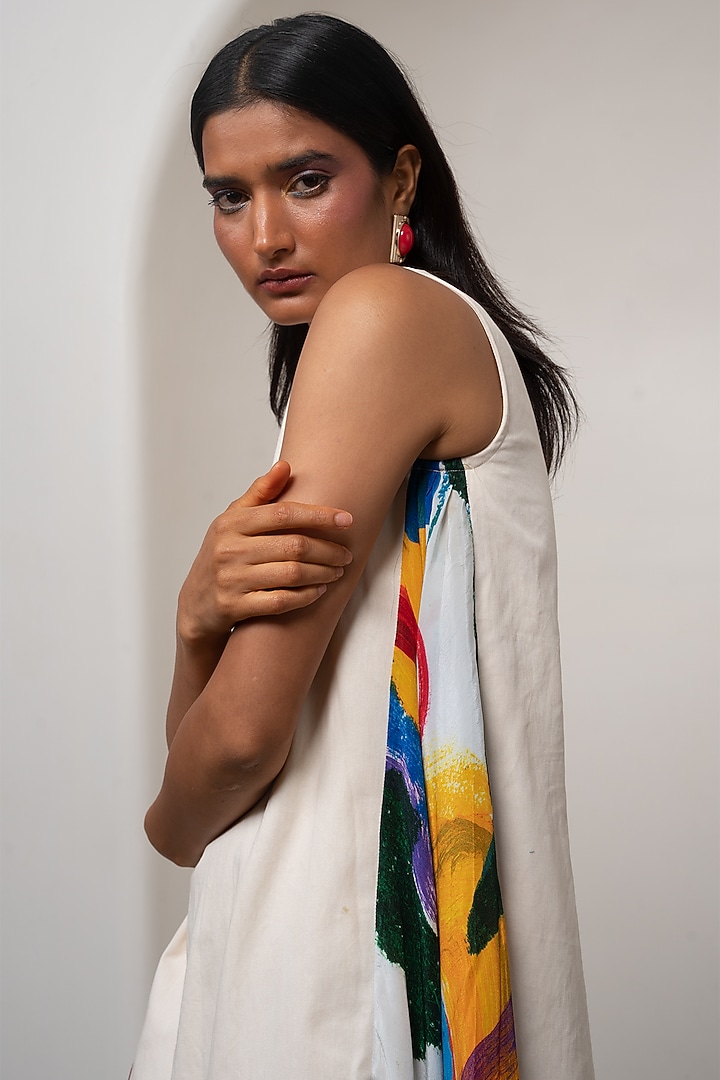 White Cotton Drill & Crepe Printed Mini Summer Dress by Advait at Pernia's Pop Up Shop