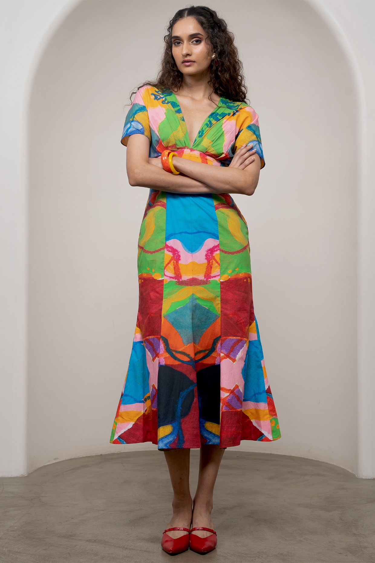 Advait Multi-Colored Poplin Printed Flared Midi Dress