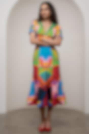 Multi-Colored Poplin Printed Flared Midi Summer Dress by Advait at Pernia's Pop Up Shop