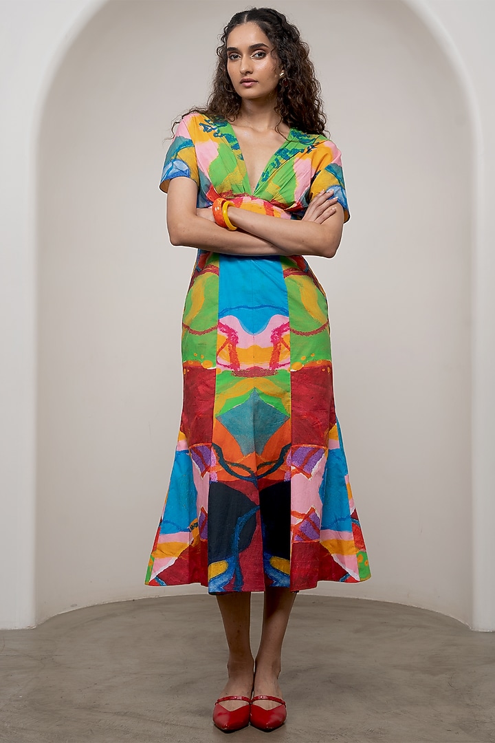 Multi-Colored Poplin Printed Flared Midi Summer Dress by Advait at Pernia's Pop Up Shop