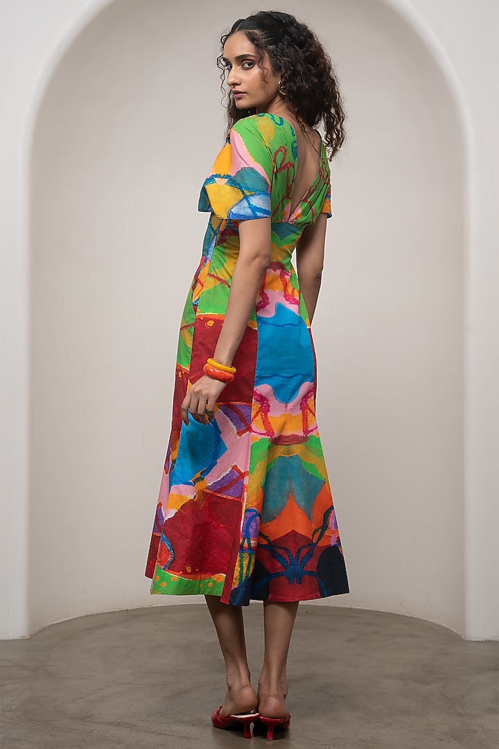 Multi-Colored Poplin Printed Flared Midi Summer Dress by Advait at Pernia's Pop Up Shop