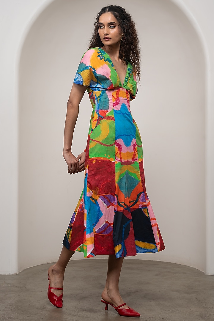 Multi-Colored Poplin Printed Flared Midi Summer Dress by Advait at Pernia's Pop Up Shop