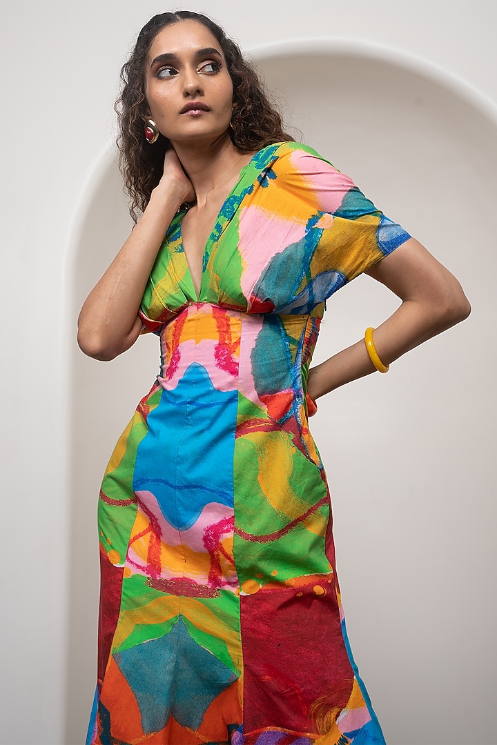 Multi-Colored Poplin Printed Flared Midi Summer Dress by Advait at Pernia's Pop Up Shop