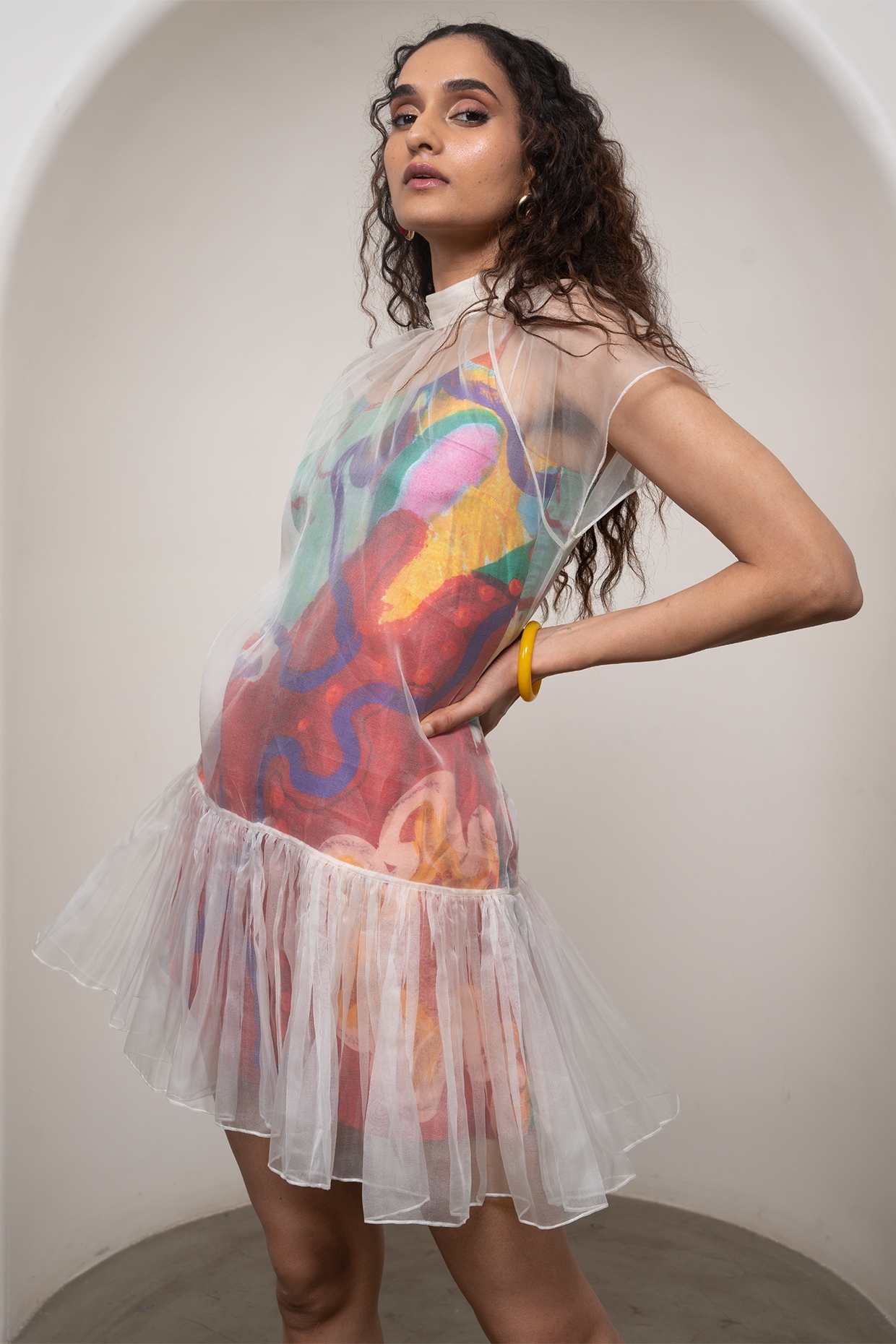 Advait Multi-Colored Bemberg Satin & Organza Printed Mini Slip Dress