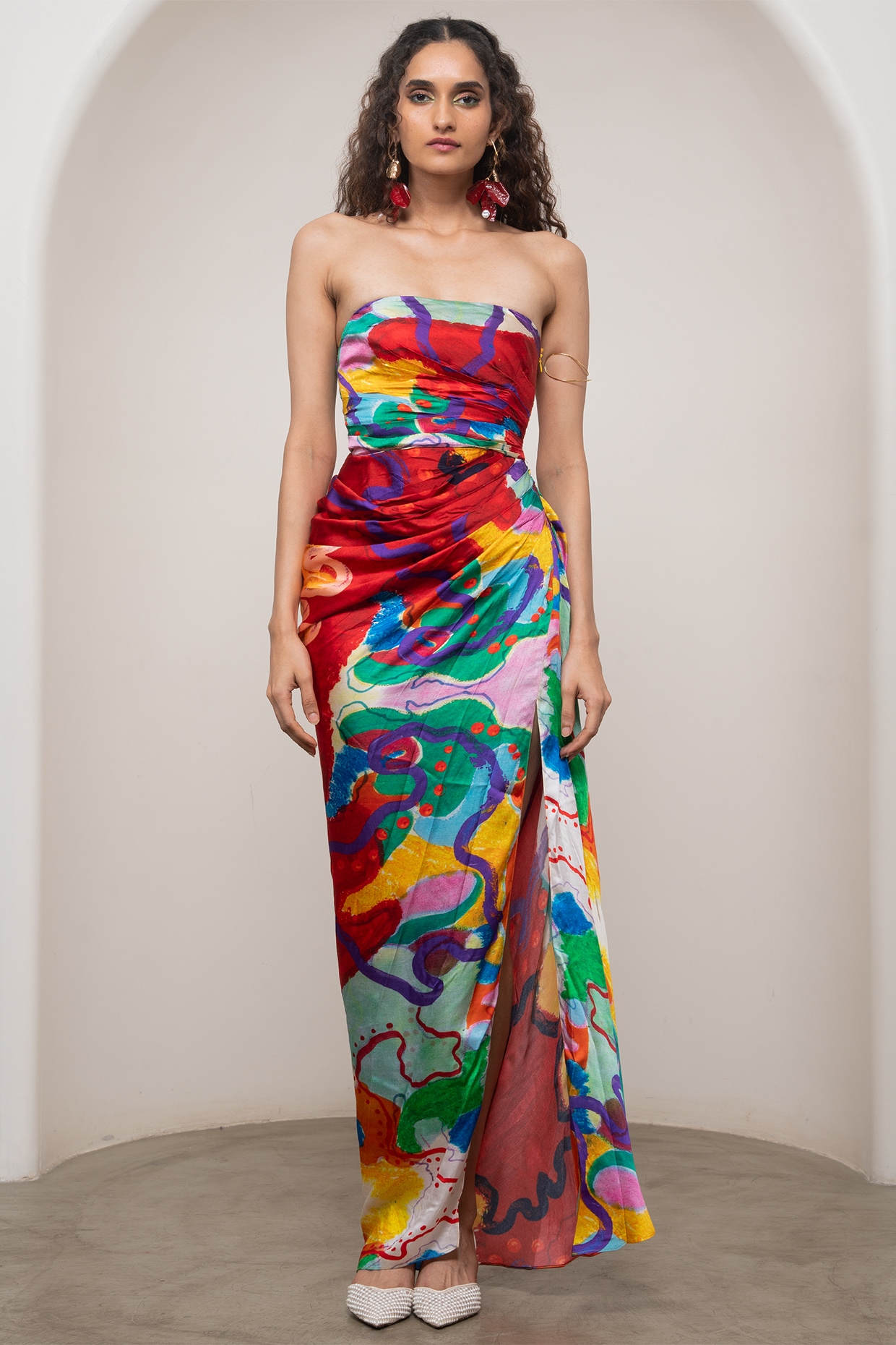 Advait Multi-Colored Bemberg Satin Printed Strapless Maxi Dress