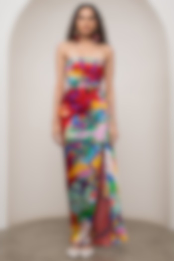 Multi-Colored Bemberg Satin Printed Strapless Maxi Summer Dress by Advait at Pernia's Pop Up Shop