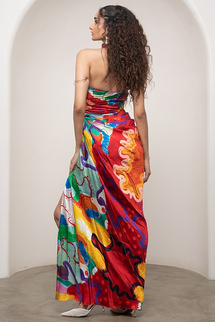 Multi-Colored Bemberg Satin Printed Strapless Maxi Summer Dress by Advait at Pernia's Pop Up Shop