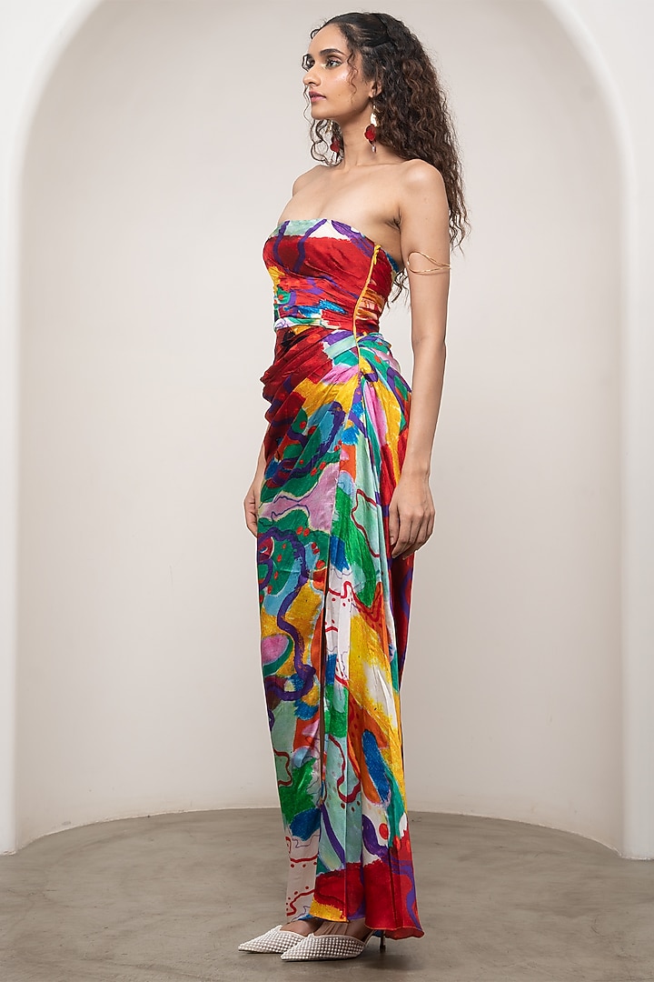 Multi-Colored Bemberg Satin Printed Strapless Maxi Summer Dress by Advait at Pernia's Pop Up Shop