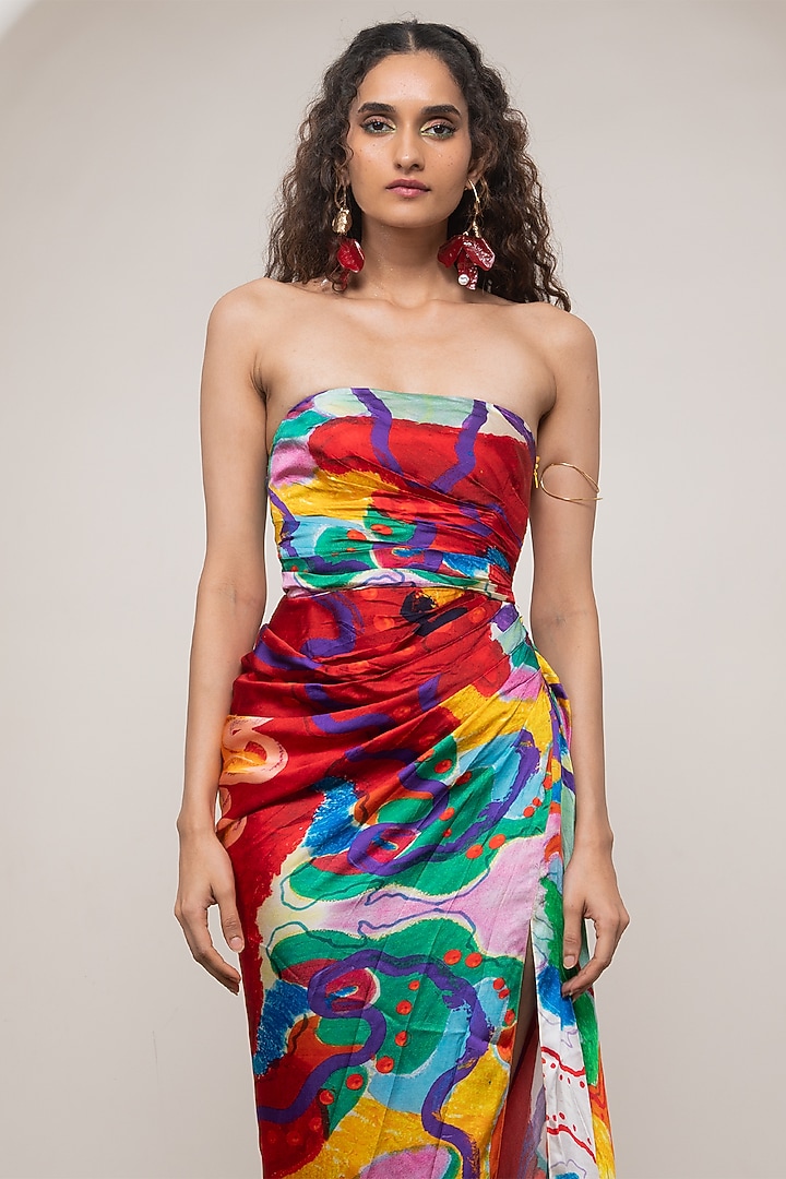 Multi-Colored Bemberg Satin Printed Strapless Maxi Summer Dress by Advait at Pernia's Pop Up Shop