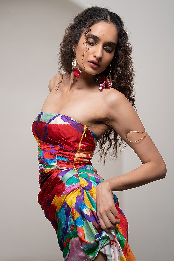 Multi-Colored Bemberg Satin Printed Strapless Maxi Summer Dress by Advait at Pernia's Pop Up Shop