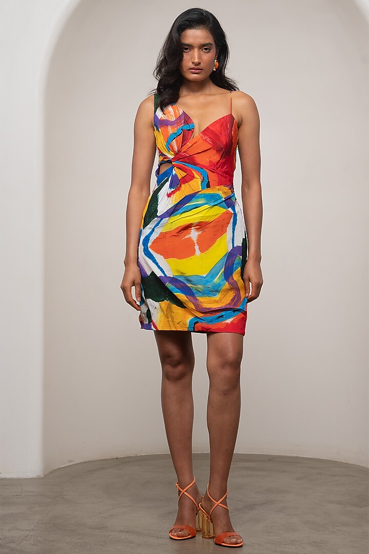 Multi-Colored Crepe Printed Draped Mini Summer Dress by Advait at Pernia's Pop Up Shop